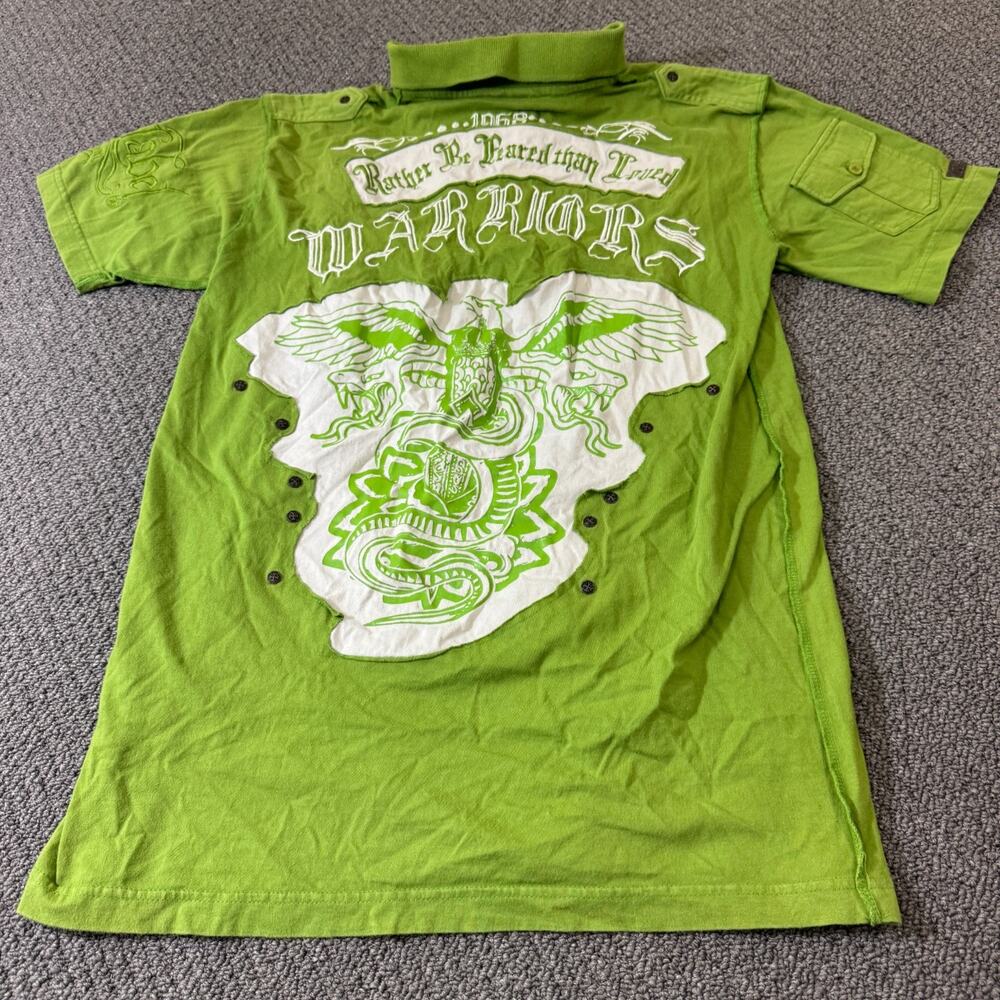 VTG Black Label T Shirt Mens Large L Warriors Rock Y2K Short Sleeve Green Button